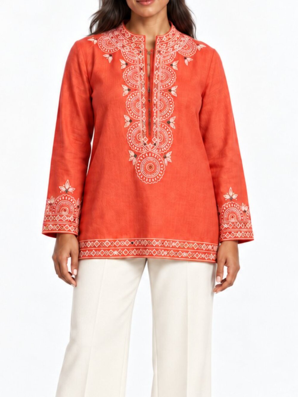 J.Crew Coral Linen Embroidered Mirror Sequin Tunic Blouse Size Large